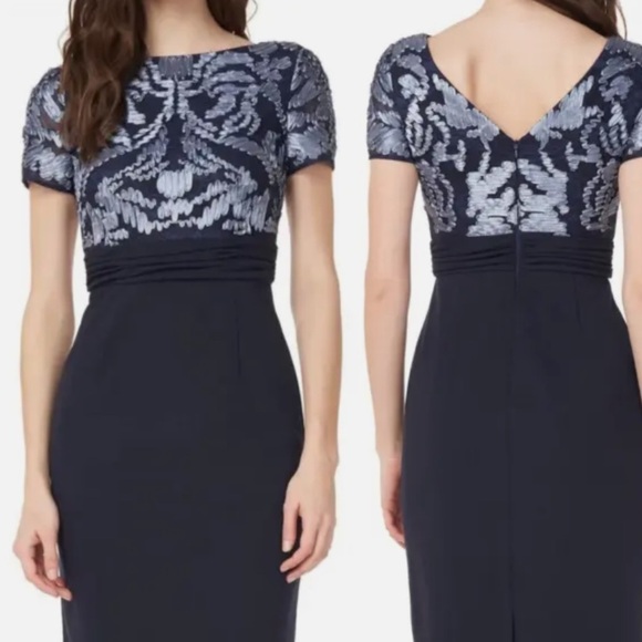 JS COLLECTIONS Navy Blue Mixed Media Soutache Midi Dress Size 12 - Picture 2 of 11